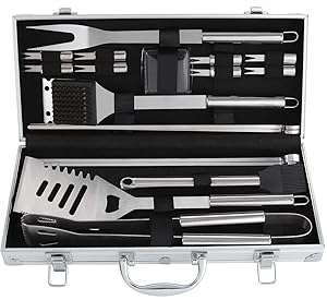 ROMANTICIST 19Pc Heavy Duty Stainless Steel BBQ Grill Tool Accessories Set in Gift Box - Outdoor Camping Barbecue Grilling Utensils Gift Kit with Aluminum Case for Men Dad Women