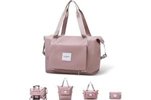 WOOMADA Foldable Travel Duffel Bag, Weekender Bags for Women, Tote Bag with Expandable Space, Carry on bags for airplanes with Wet Pocket & Trolley Sleeve, Gym Bag for Women, Lightweight (pink)