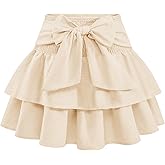 Timormode Women's Bow Mini Skirt Flowy High Waisted Ruffle Hem Short Skirts Cute Boho A-Line Layered Skater Skirt