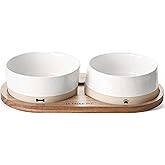 LE TAUCI PET Ceramic Dog Bowls for Medium Small Dogs - 3.2 Cup Medium Dog Food and Water Bowls with Acacia Wood Tray, Dual Food and Water Bowls with Weighted Non-Slip Base