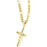 RIVETING JEWELRY 14K Gold Cross Crucifix Necklace Pendant Charm with 5MM Figaro Chain Gift for Men Women Jesus Crucifix Baptism Religious Gift