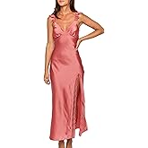 Summer Satin Lace Backless Spaghetti Strap Maxi Dress for Wedding Guest Silk Sleeveless V Neck Slit Ruffled Dress for Women