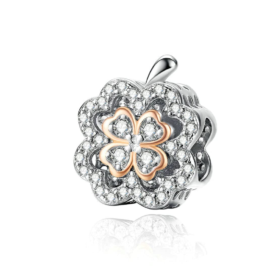 FeatherWish Rose Gold Lucky Four Leaf Clover Charm 925 Sterling Silver Irish Family Love Bead Charm Fits And Compatible With Pandora Bracelets Gift For Wife Birthday Friend Mum (Rose Gold Clover)