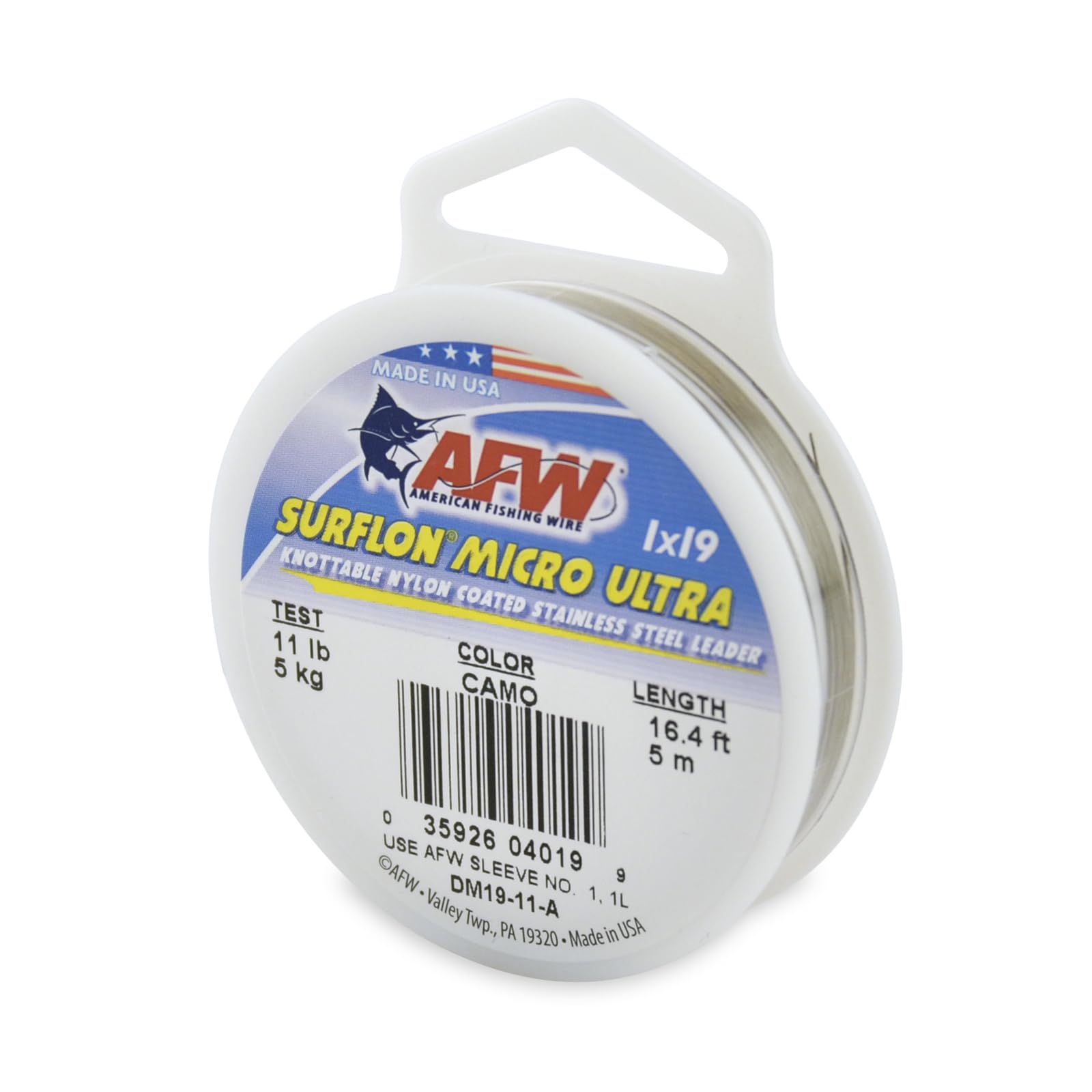 American Fishing Wire Surflon Micro Ultra, Nylon Coated 1x19 Stainless Steel Leader Wire, 11 lb Test, .012" Diameter, Camo, 5 m