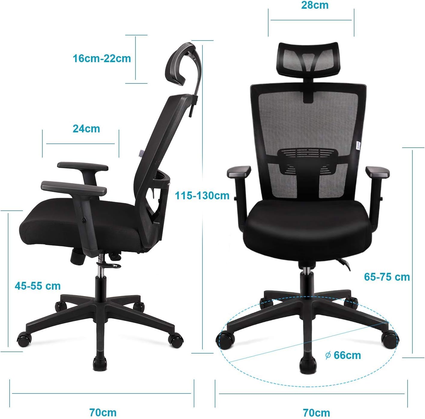 Chaise de Bureau Ergonomique Réglable Siège Confortable Fauteuil Ergonomique avec 2D