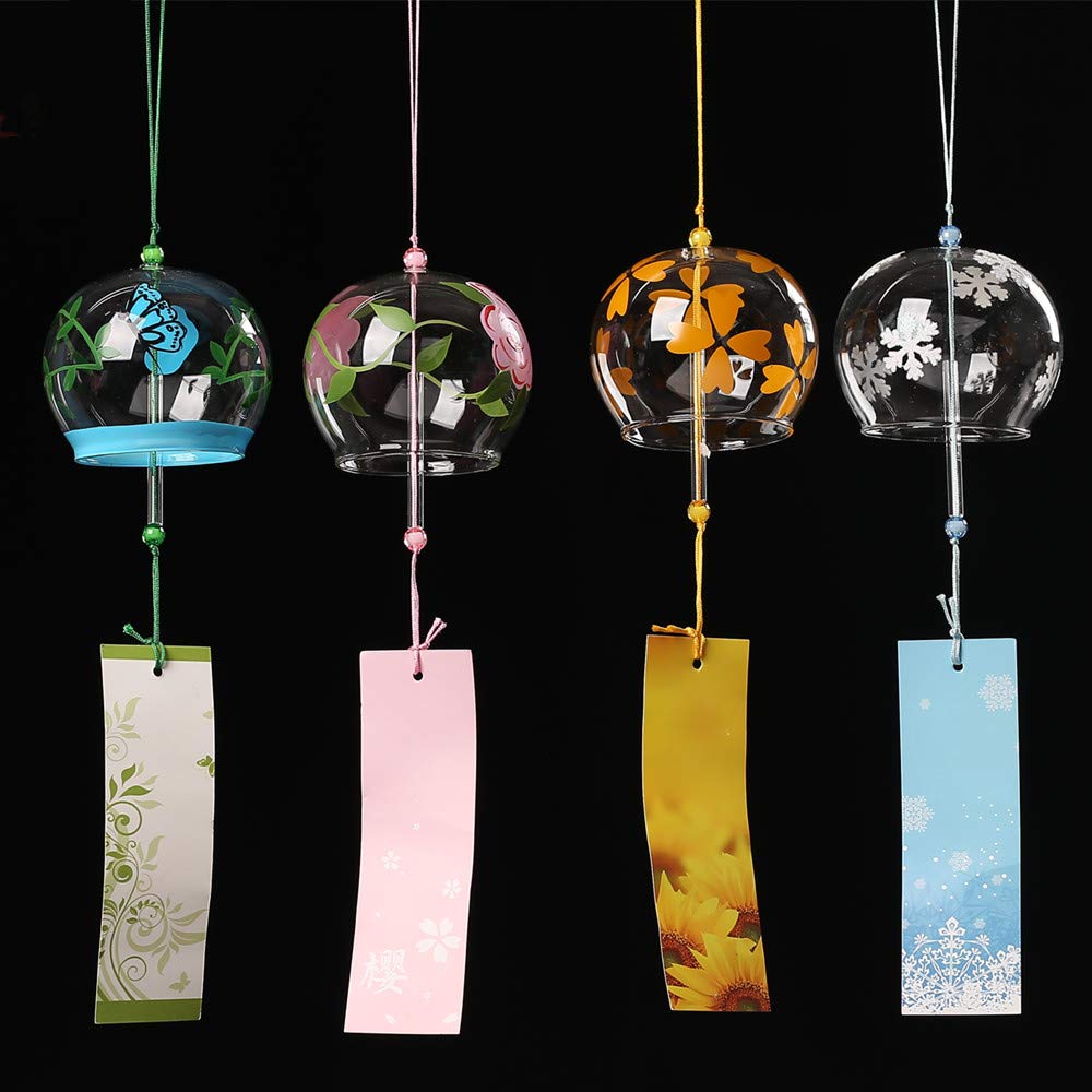 Falytemow Japanese Wind Chimes Romantic Flowers Small Wind Bells Handmade Glass Japanese Style Pendant for Birthday Present Home Decors (Pink Rose, Four Leaf Flower, Butterfly, Snowflake, 8 cm)