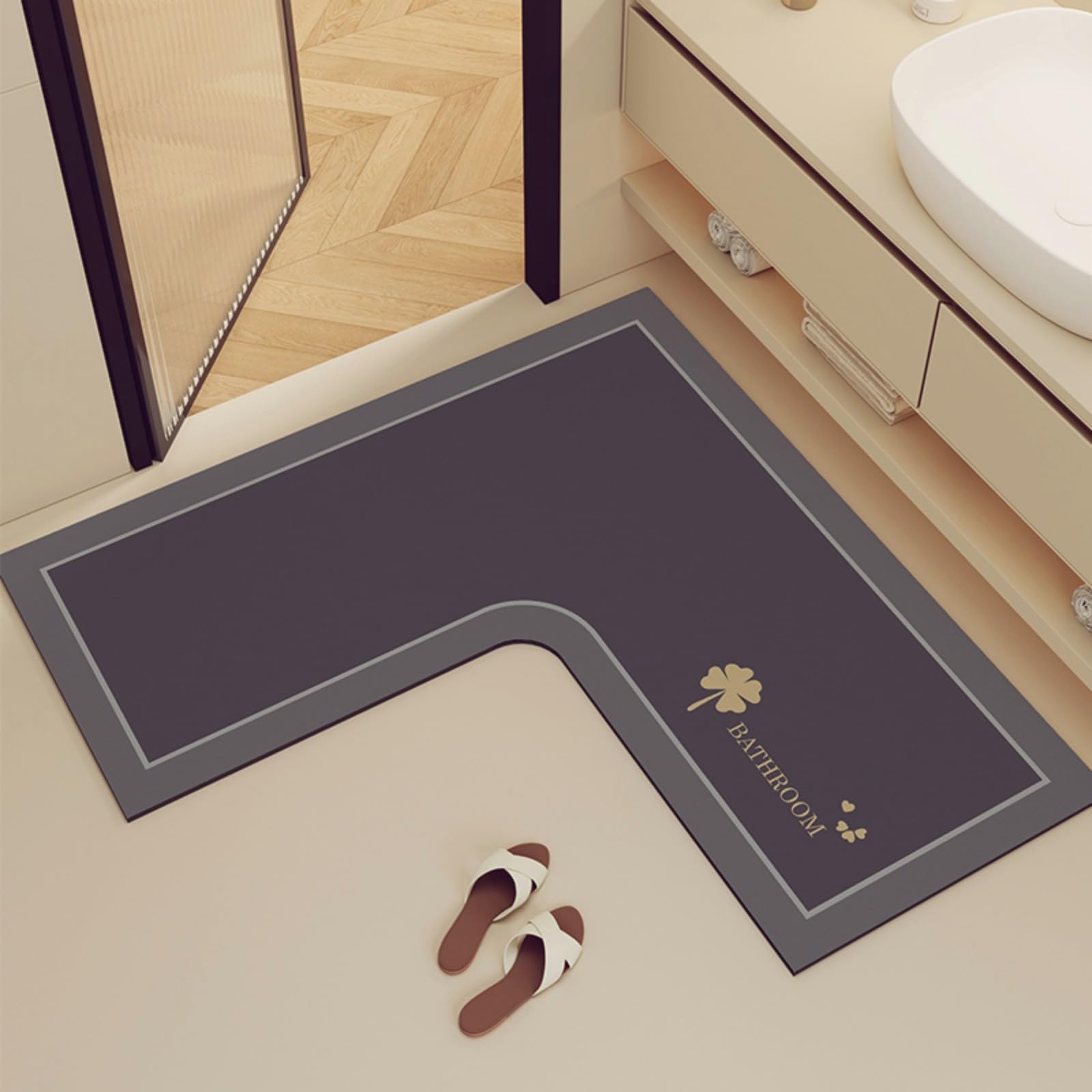 Photo 1 of 1 Piece L-Shaped Bathroom Rug, Non Slip Corner Shower Mat, Water Absorbent Thin Bath Rug, Washable Rug Carpet for Square Shower, Tub, Bath Room (Greyish Purple, 31''X31''X14'')