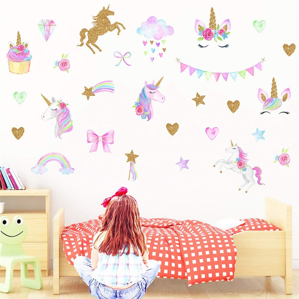 [New Design] Cute Unicorn Wall Sticker Removal PVC Wall Art Stickers Wall Mural Decor for Kids Girls Bedroom Home Nursery Room