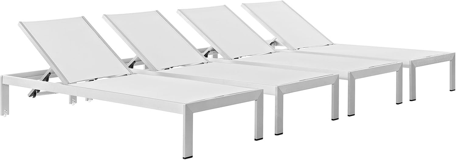 Modway Shore Aluminum Textilene Mesh Outdoor Patio Four Poolside Chaise Lounge Chairs in Silver White