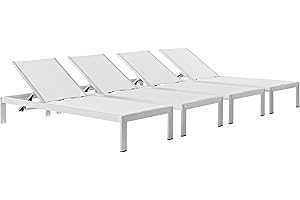 Modway Shore Aluminum Textilene® Mesh Outdoor Patio Four Poolside Chaise Lounge Chairs in Silver White