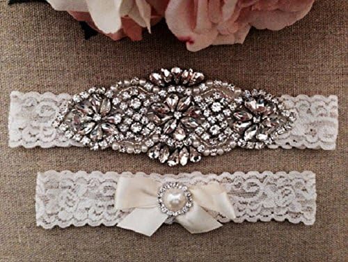 Ivory Lace Wedding Garter, Rhinestone Bridal Garter Set, Bridal Lingerie