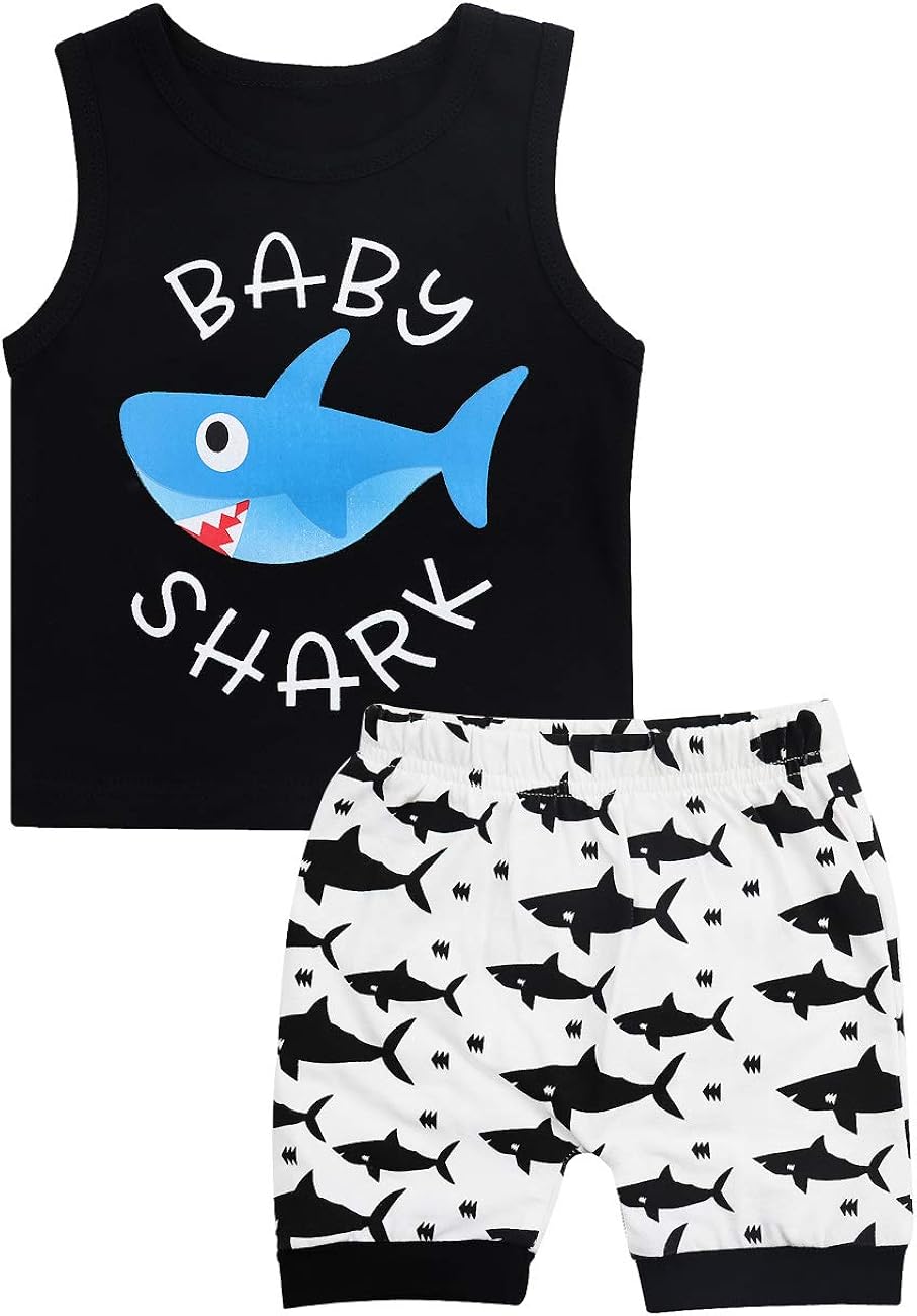 Baby Boy Clothes Shark and Doo Doo Doo Print Summer Cotton Sleeveless Outfits Set Tops + Short Pants