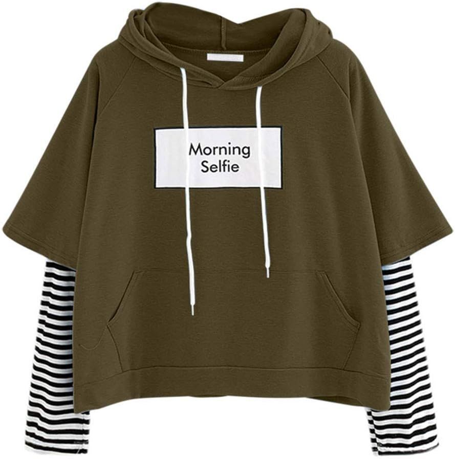 Drfoytg Women Casual Hoodie Stripe Print Splice Sweatshirt Pocket Autumn