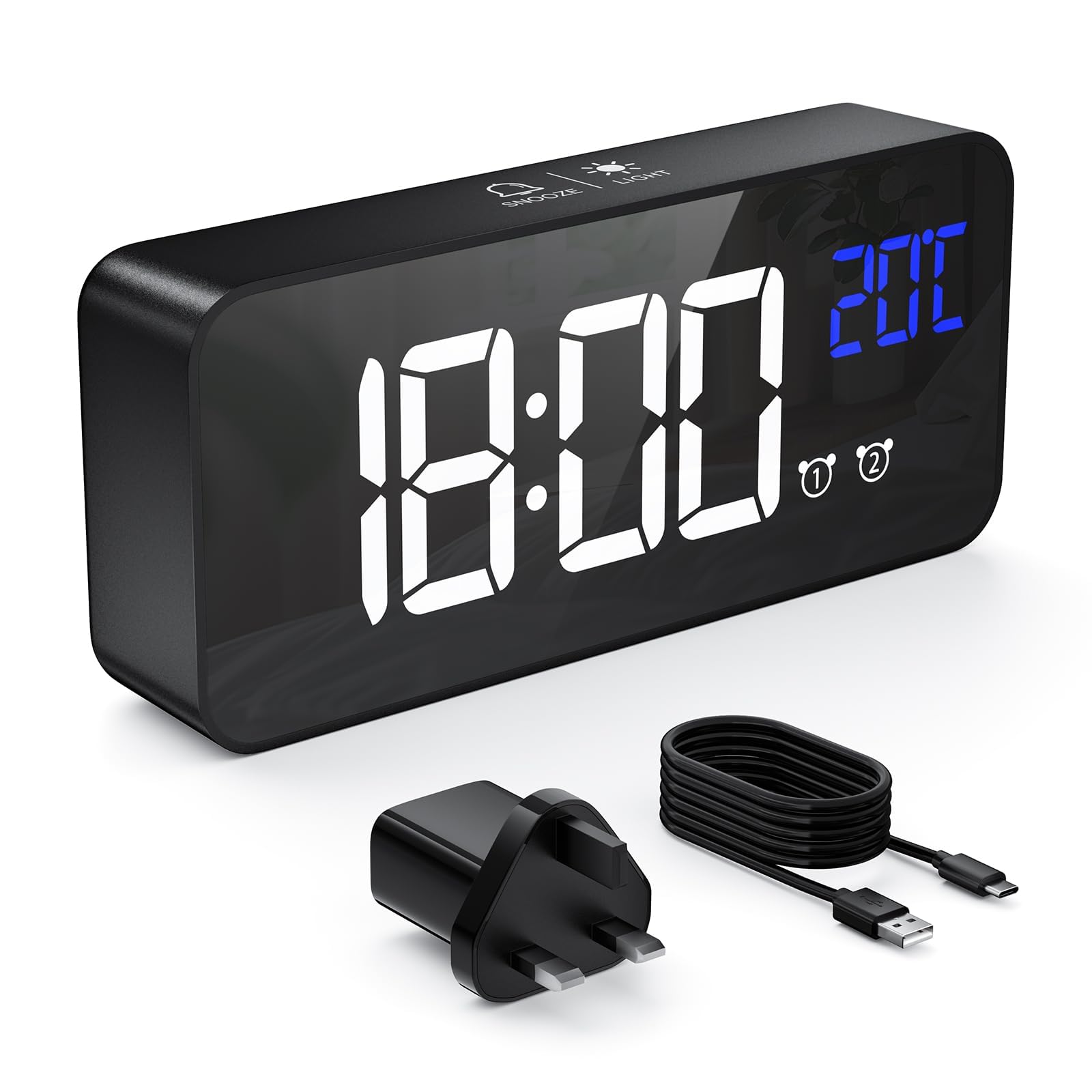 HERMIC Alarm Clock, Digital Clock USB Rechargeable with Temperature Display, Snooze, Dual Alarms for Bedroom, Bedside, Office& Travel(Adapter Included) (Black)