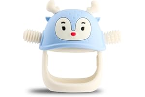 Smily Mia Reindeer Organic Baby Toys 0-6Months, Mitten for 3-6Months, Easy to Hold Stem with Chewing Nubs for Teething Pain Relief for 6-12Months Babies, Light Blue