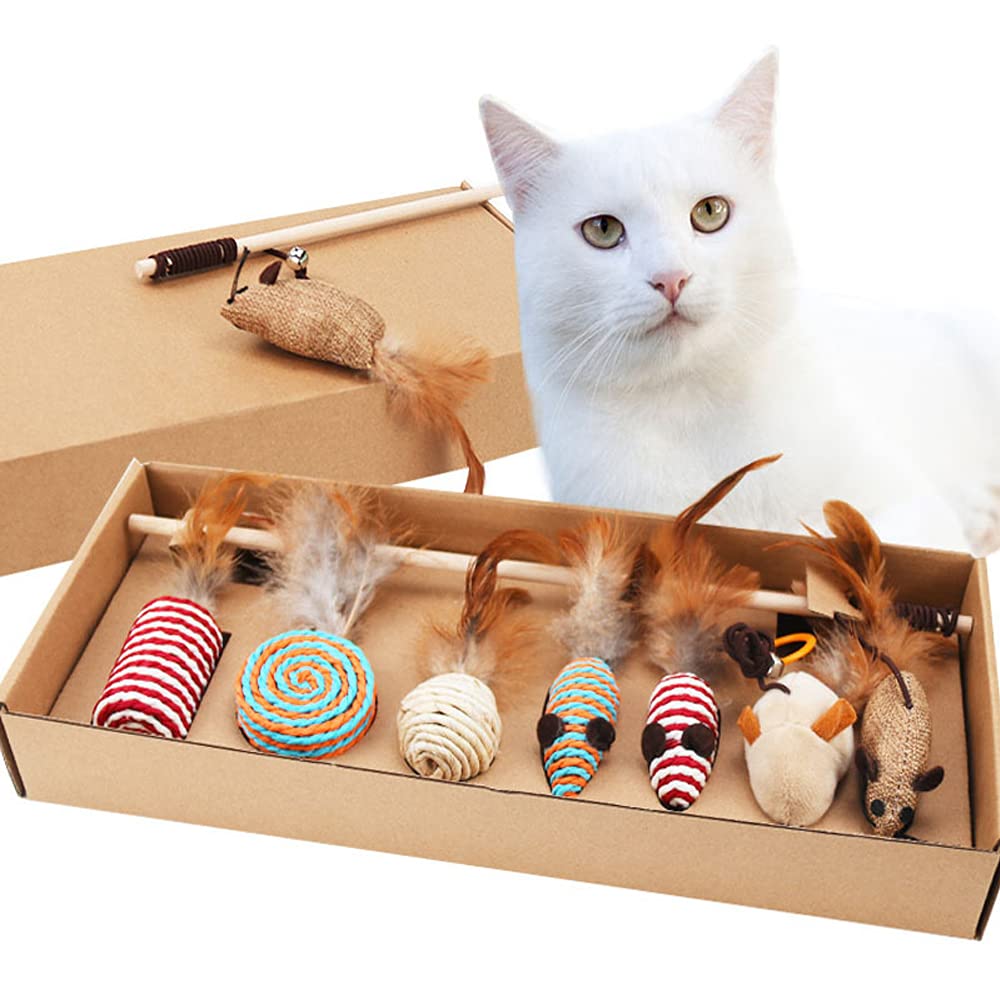 Qanye 7 Pieces Interactive Cat Toys Set with Lollipops, Mice, Sweets and Small Balls for Tease and Interact