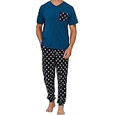 Keyocean Mens Pajama Set, Soft Cotton V-Neck Short-Sleeve T-Shirt & Pants Summer PJ Set for Sleeping
