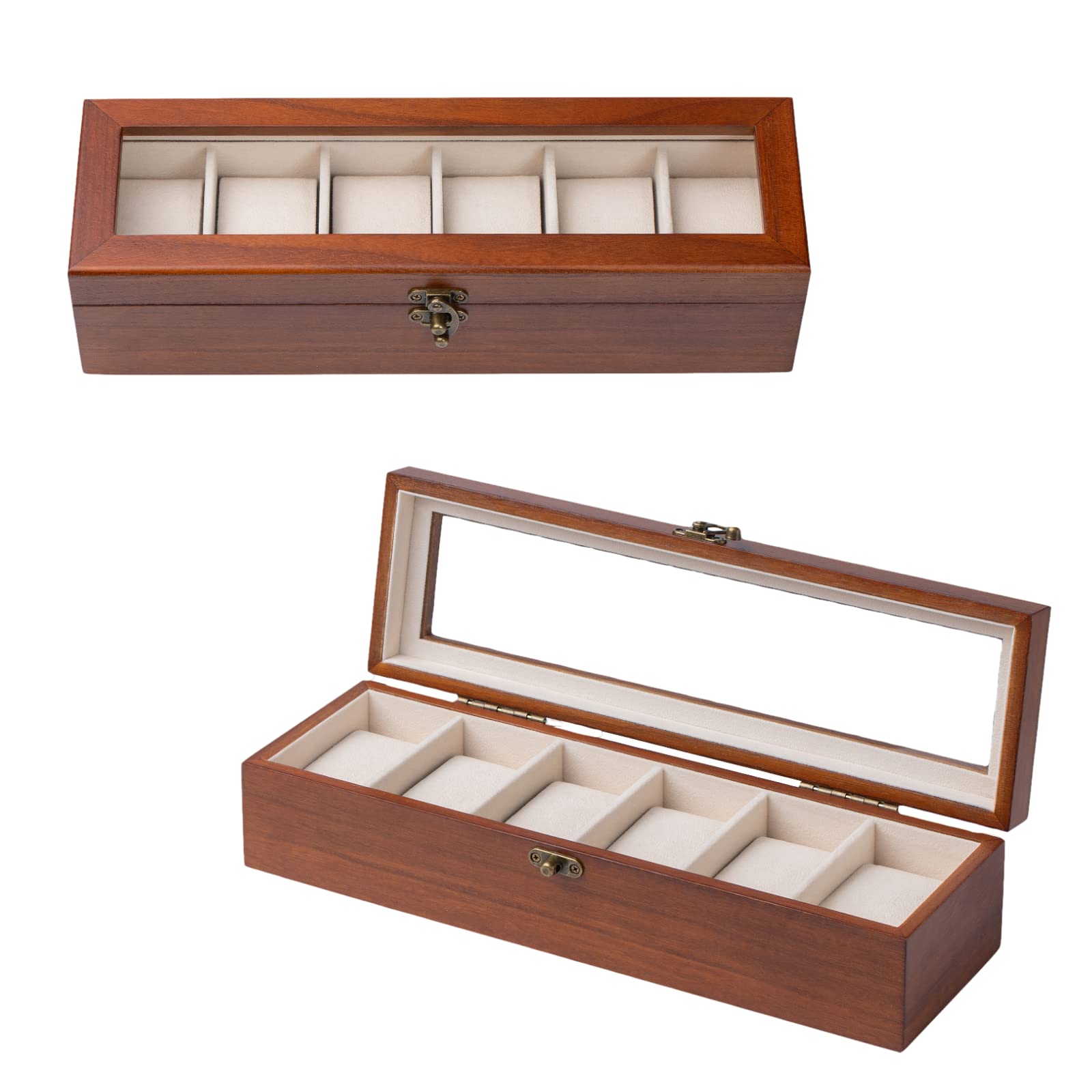 Exper City Exper City Watch Box, Watch Case for Men Women with Large Glass Lid, Wooden Watch Display Storage Box with 6 - Slots, Classic Walnut Mens Watch Box Organizer