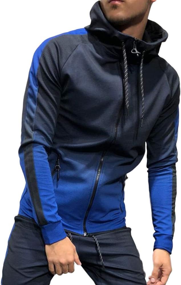 NPRADLA Fashion Mens Autumn Winter Sport Packwork Graduated Slim Long Sleeve Hoodie Top Blouse