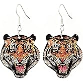 Handmade Exaggerated Tiger Dinosaur Cheetah Wolf Double Sided Animal Pattern Funny Lightweight Wooden Drop Dangle Earrings Personality Jewelry for Women
