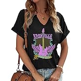 Nashville Music City V-Neck T-Shirt for Women Western Country Music Graphic Loose Top