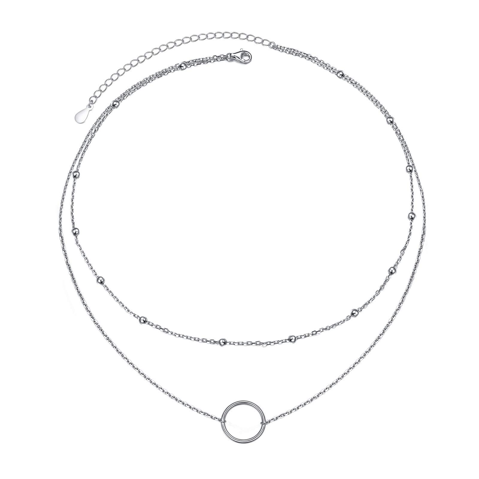 HOOHWE Circle Necklace S925 Sterling Silver Layered Necklace for Women Dainty Simple Double Layer Necklace Circle Choker Jewelry for Women