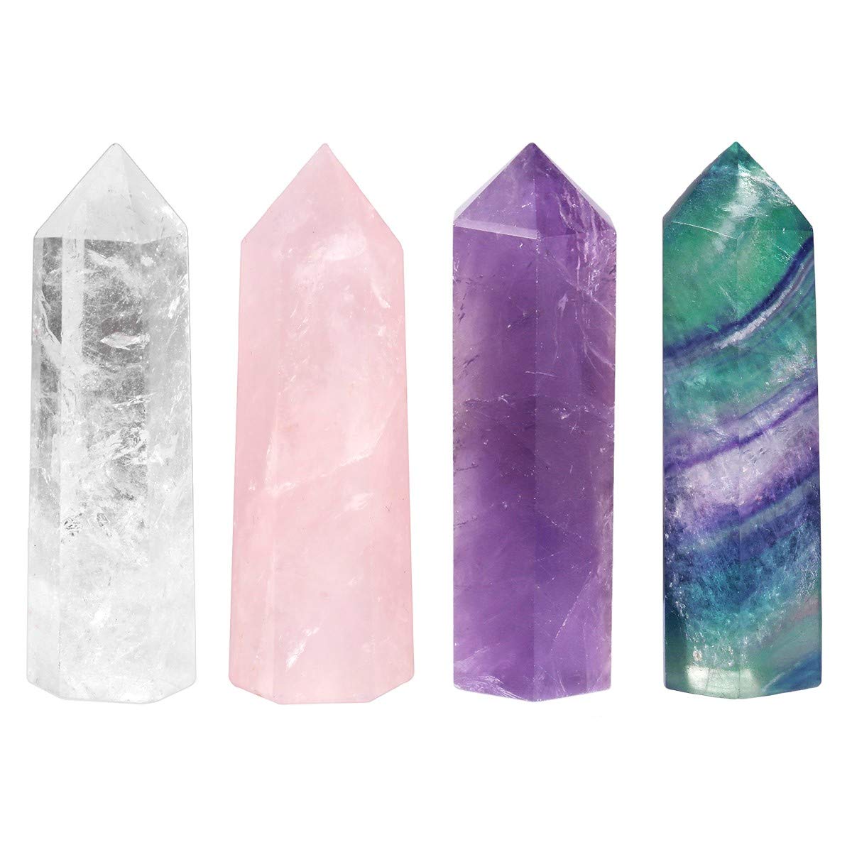 mookaitedecor Natural Healing Crystal Wands Set of 4, Quartz Crystal Stone Hexagonal Point for Chakra Meditation Wiccan Witchcraft Decor Gift, Amethyst & Clear Quartz & Rose Quartz & Rainbow Fluorite