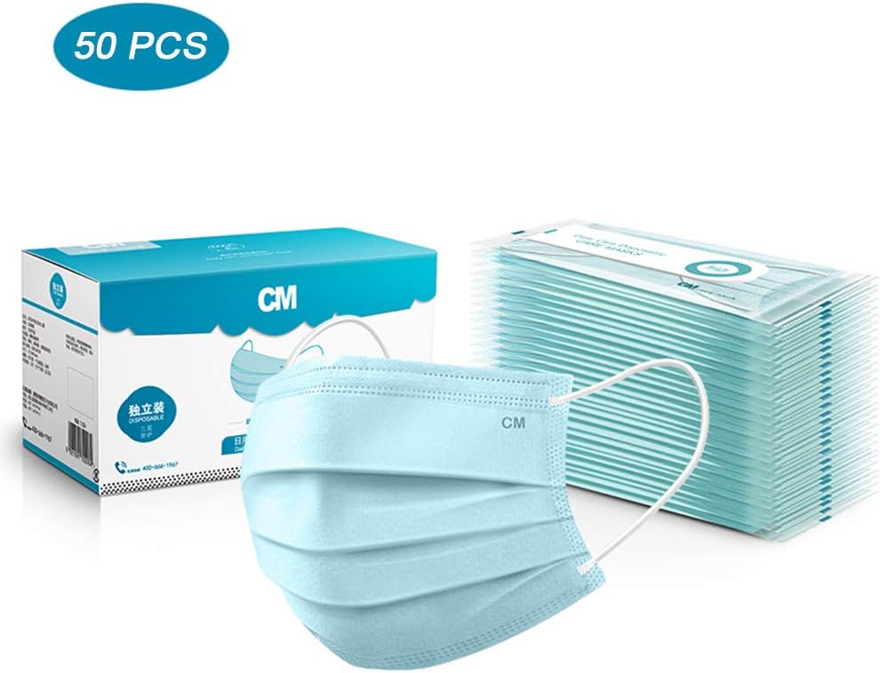 Breathable Gauze Disposable Face Masks, Individual Package Disposable Dust Masks 3 Layers of Protection Suitable for Salon, Paint, Detergent, Garden, 50 Packs (Blue)