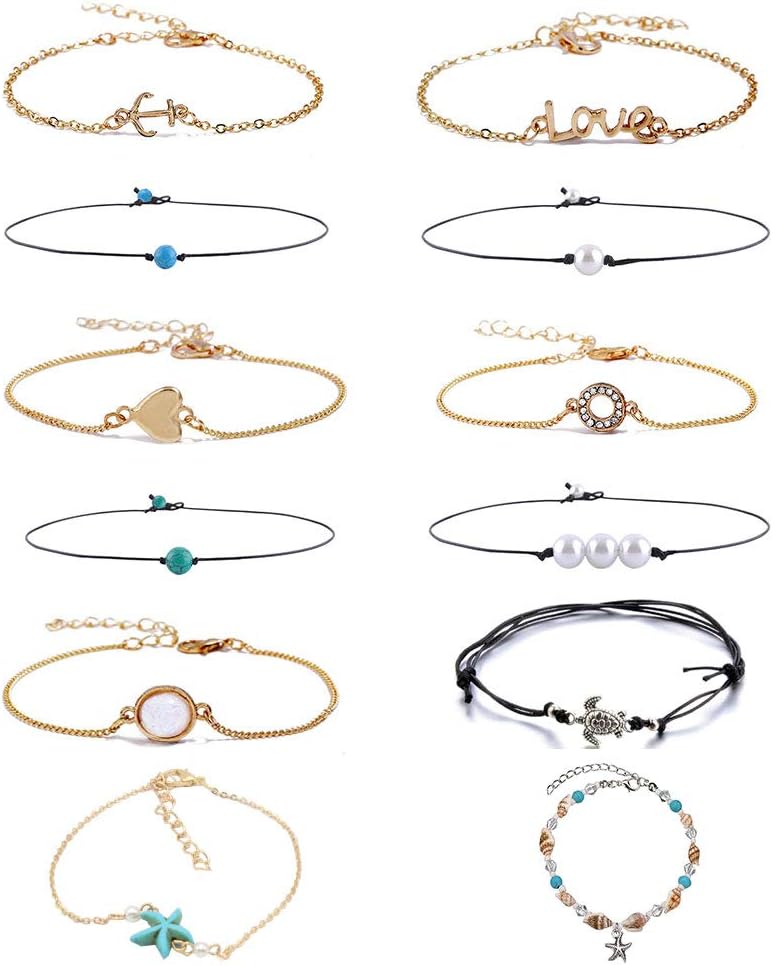 Bifriend 12 Pcs/Set Anklets Chains Bracelets Adjustable Beach Anklet Foot Jewelry Set for Women Girls