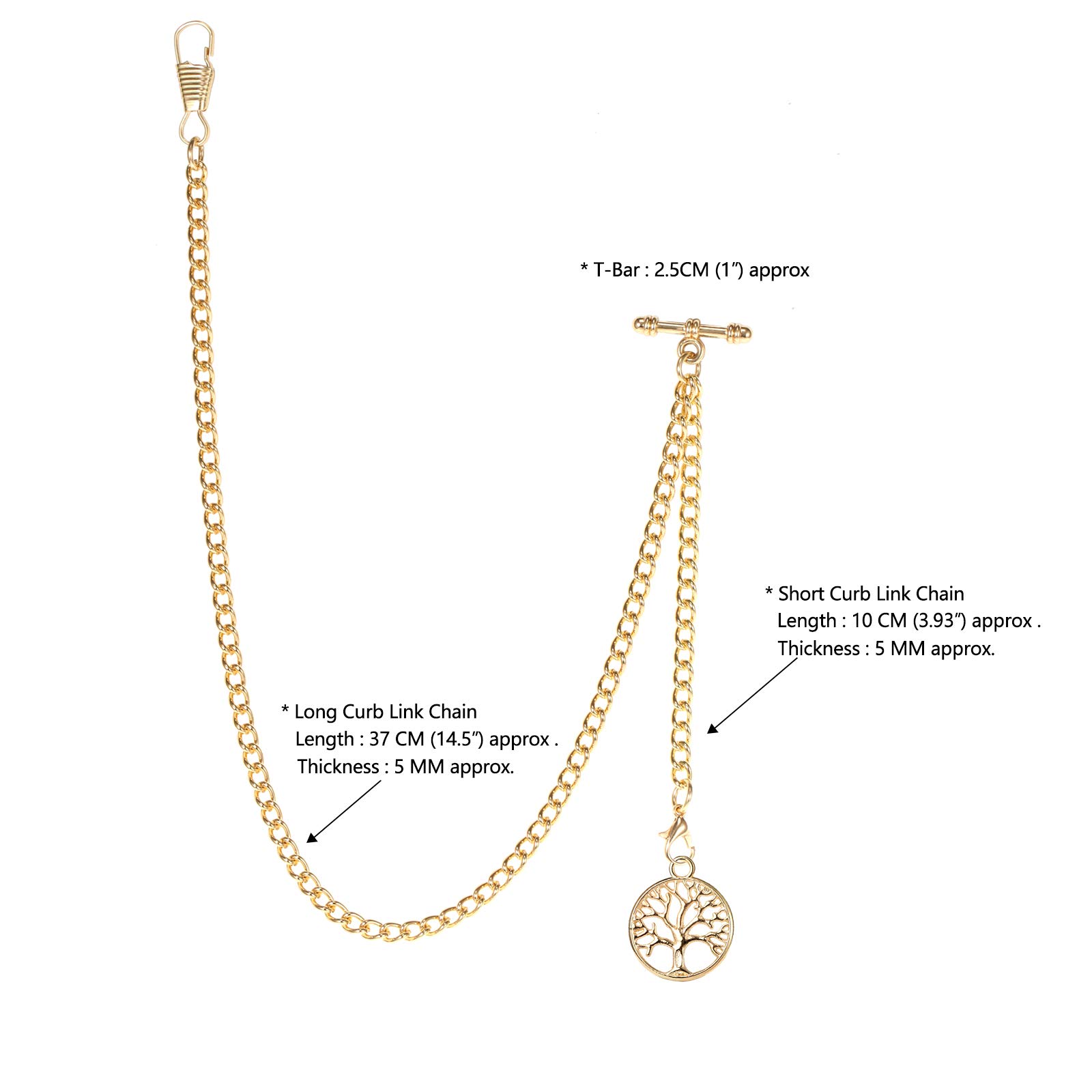 Men's Albert Chain Pocket Watch Curb Link Key Chain 2 Hooks with Antique Life Tree Pendant Design Charm Fob T Bar