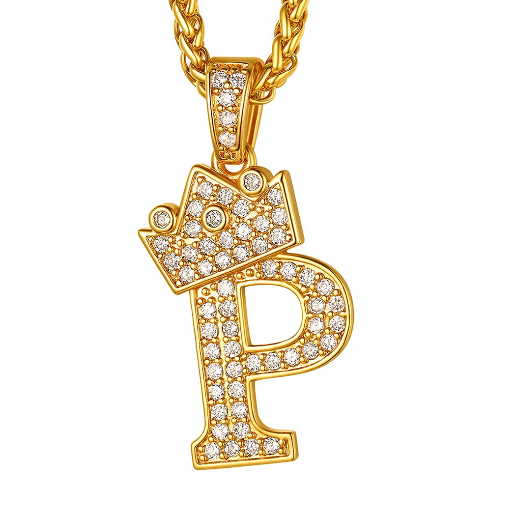 Suplight Initial Letters Chain 22 inch, 18K Gold Plated Momongram Jewelry A-Z, Ice Bling Alphabet Pendant/Crown King Necklace, Cubic Zirconia Hip Hop Tennis Necklace with Pendant P — image 1