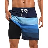 SILKWORLD Mens Swim Trunks with Compression Liner 2 in 1 Quick Dry Bathing Suit Beach Shorts with Zipper Pockets
