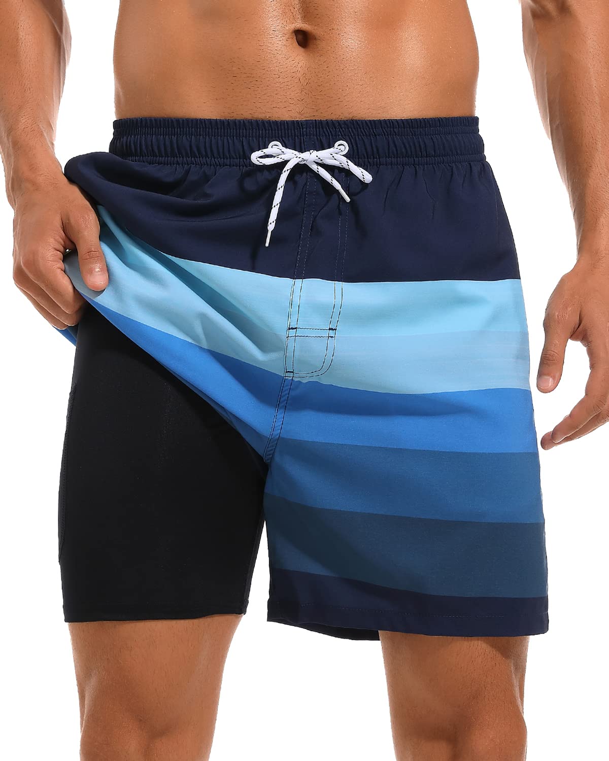 Photo 1 of SILKWORLD Mens Swim Trunks with Compression Liner Quick Dry 5 inch Bathing Suit Shorts with Zipper Pockets,Patchwork Blue,3X-Large