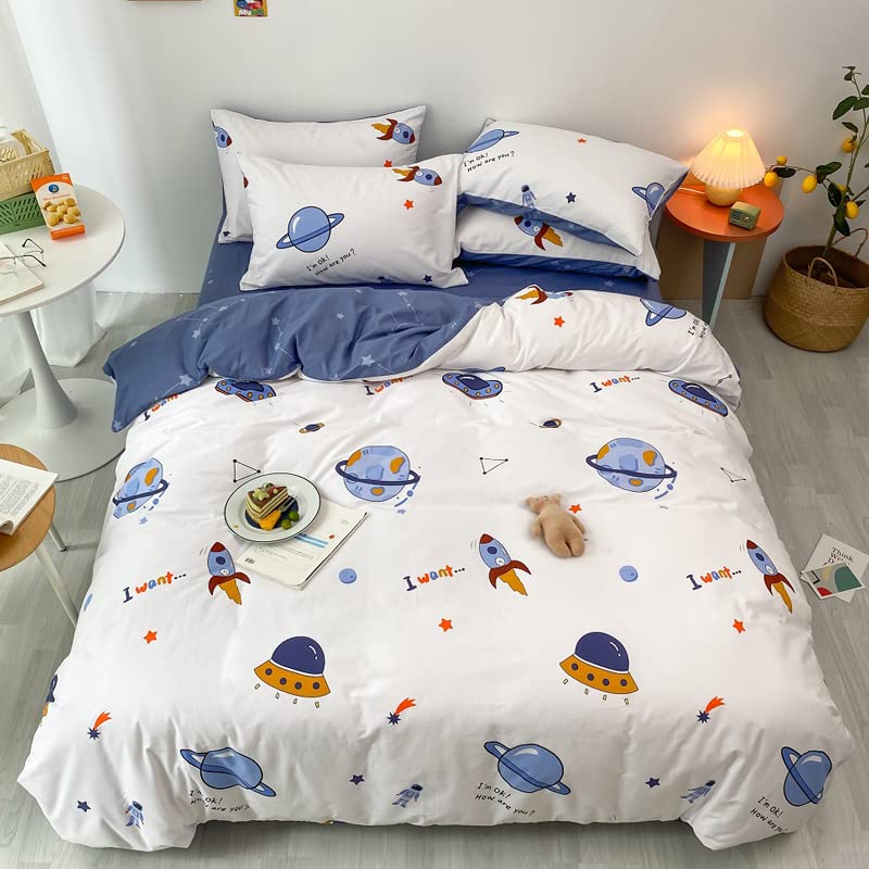HAVOP 100% Cotton Duvet Cover Single Size Kids Boys Girls Cartoon Space Bedding Set Rocket Planet Stars Printed Quilt Cover Set White And Blue All Season Bedding Set, 135×200 cm