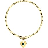 IQIC Toggle Heart Necklace for Women Gold Heart Necklace Sunburst Heart Necklace Chunky Gold Cuban Chain Necklace Green Crystal Heart Charm Necklace Heart Toggle Necklace Fashion Jewelry