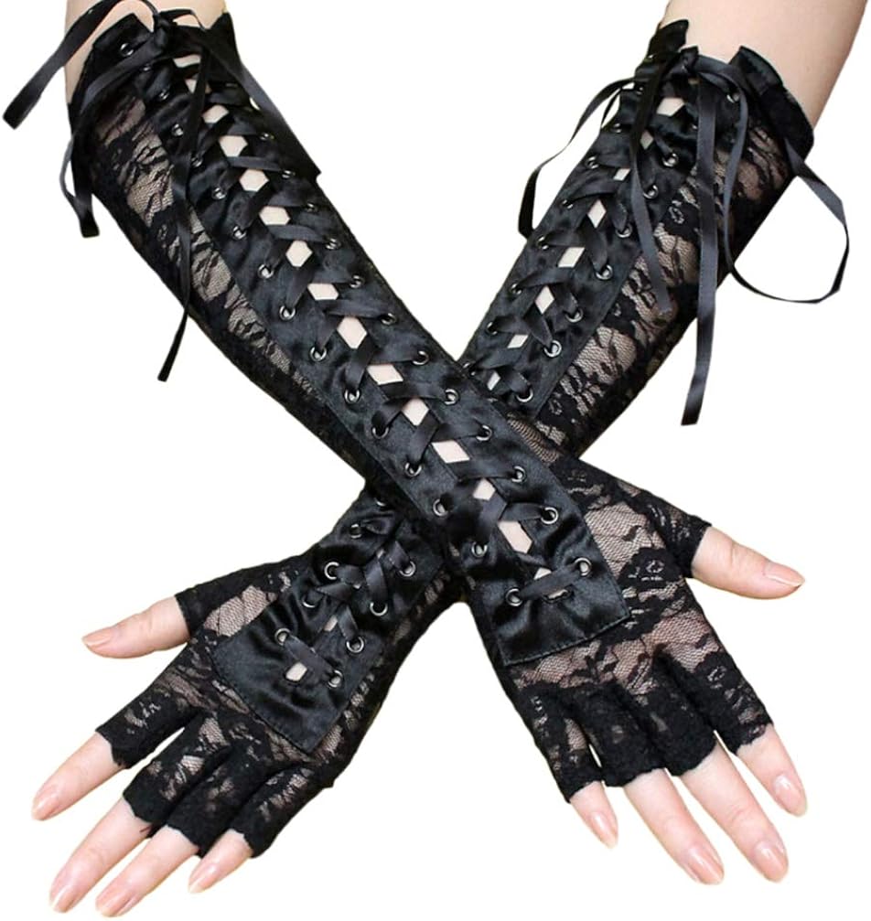 VALICLUD Women Sexy Lace Gloves Fingerless Long Elbow Gloves Gothic