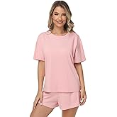Camelia Women's 2 Piece Cotton Pajama Set - Soft Short Sleeve Top & Shorts Sleepwear Loungewear