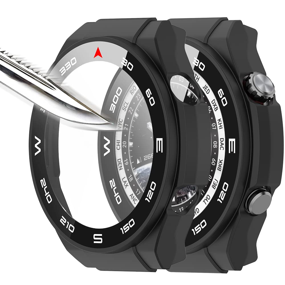 Msiall [2 Pieces] Black Screen Protector Film with Tempered Glass, PC Case with 9H Hardness, Bumper, Slim Full Protective Case for Huawei Watch Ultimate Smart