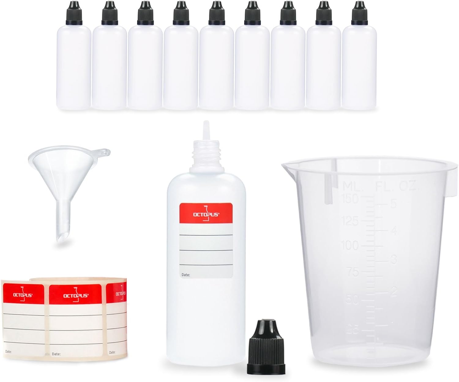 Octopus 10-Pack 100ml LDPE Plastic Bottles with Black Lids, Funnel + Measuring Cup + Labels. Dosing