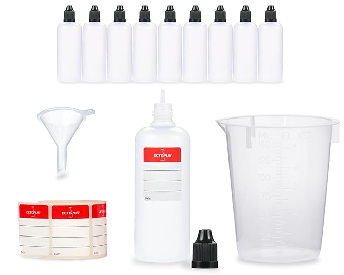10 x 100 ml Liquidflaschen mit Trichter + Messbecher + Etiketten, z.B. für E-Liquids + E-Zigaretten, LDPE Plastikflaschen, Li