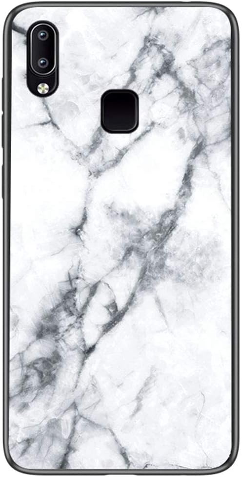 BINGRAN Vivo Y91 Case, [Stone Texture] Marble Print Tempered Glass Back Cover + Shockproof Soft TPU Bumper Hybrid Protection Case for Vivo Y91 6.22" White