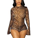 LXUAMR Jumpsuits for Women Sexy Backless Cheetah Print Romper Bodycon Shorts Jumpsuit Long Sleeve Crew Neck One Piece Outfits
