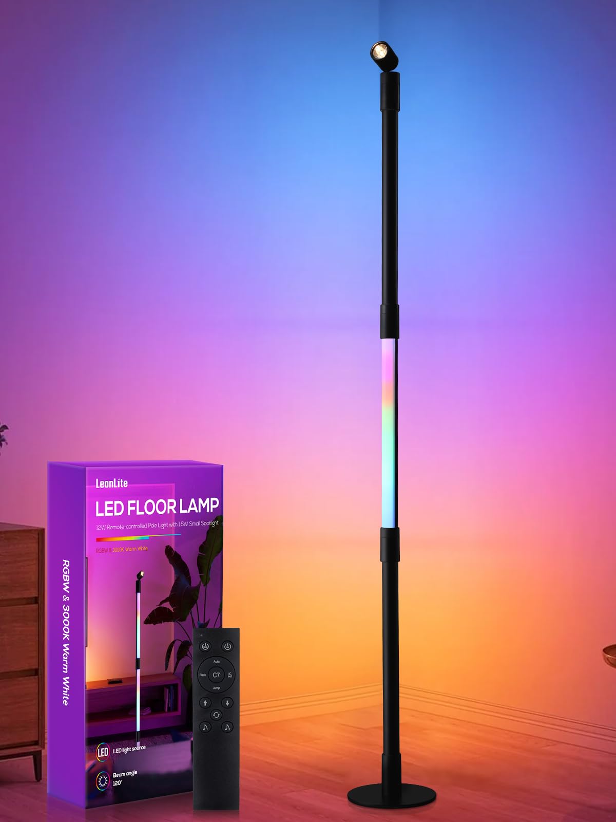 Photo 1 of LEONLITE LED Corner Floor Lamp with Spotlight, 360° RGBW Floor Lamp with Music Sync, Remote Control for Reading, Living Rooms, Bedrooms, Desktop
