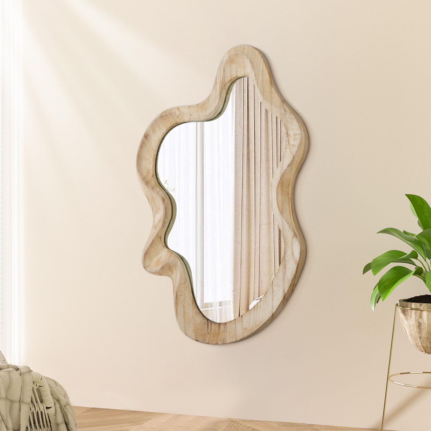 Lzuso Large Asymmetrical Wall Mirror Irregular Wood Frame Modern Unique Wall-Mounted Artistic Wavy Mirrors Decor Bathroom Vanity Bedroom Living Room Entryway Hallway 55x37cm Natural