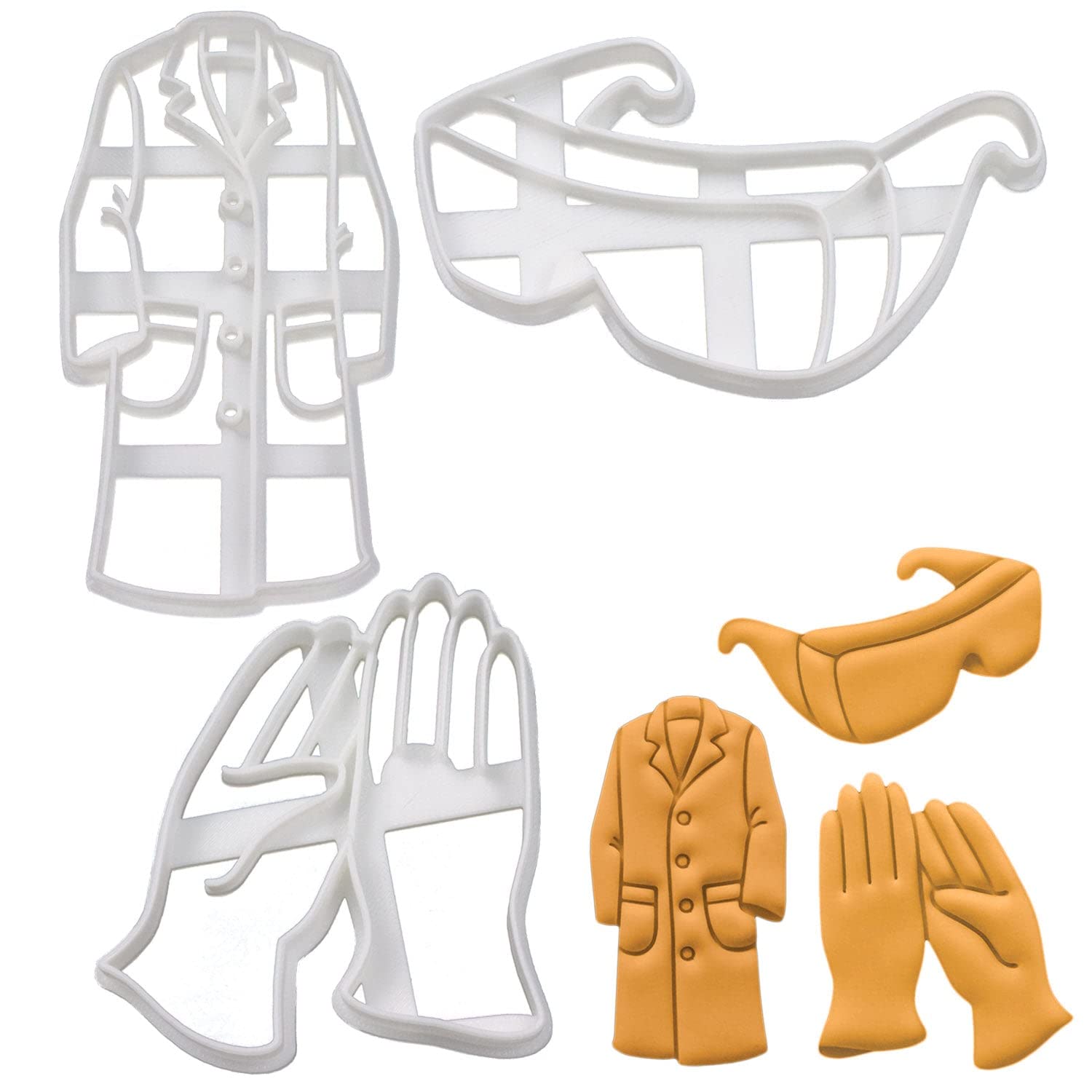 BAKERLOGY Set of 3 Laboratory PPE Cookie Cutters (Designs: Laboratory Coat, Gloves and Goggles) - Detailed Biscuit Cutter Design for Baking and Crafts, Ideal on Fondant, Dough, Clay