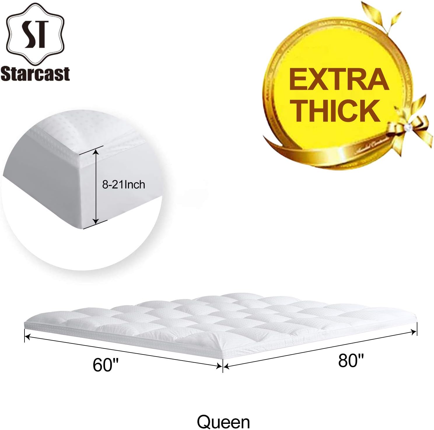 Starcast Sleep Solution Extra Thick Mattress Topper(Queen Size),Cooling Cotton Plush Down Alternative Fill Mattress Pad Cover,Gel Fiber Filled Bed Pillowtop,Fits Mattress Upto 21'' DEEP Pocket: Home & Kitchen
