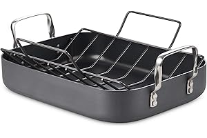 Cooks Standard Turkey Roasting Pan with Rack, Hard Anodized Nonstick 16-Inch x 12-Inch Chicken Ham Roaster Pan Multi-Use Grill Pan with Handles, Black