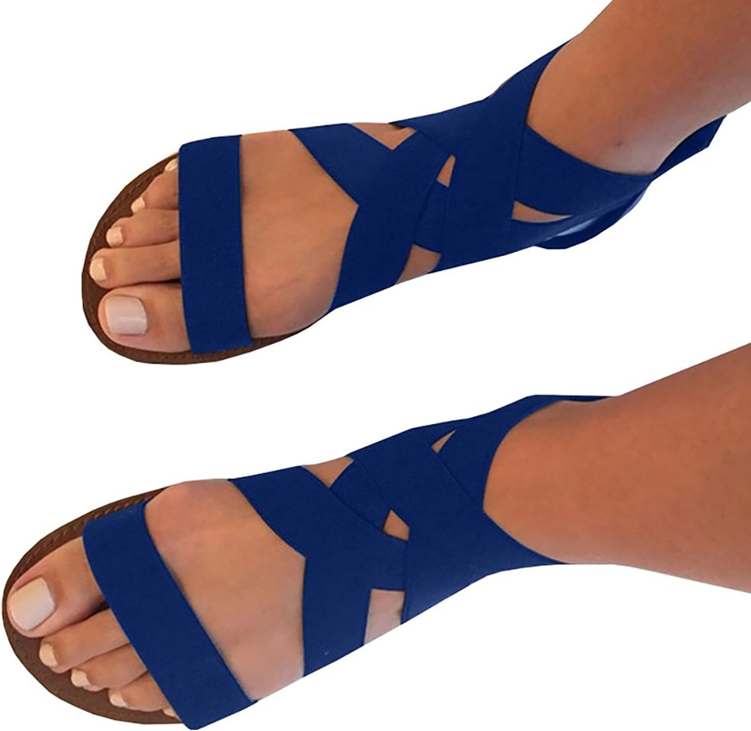 Feshare Womens Summer Flat Sandals Elastic Ankle Strap Open-Toe Gladiator Black Blue
