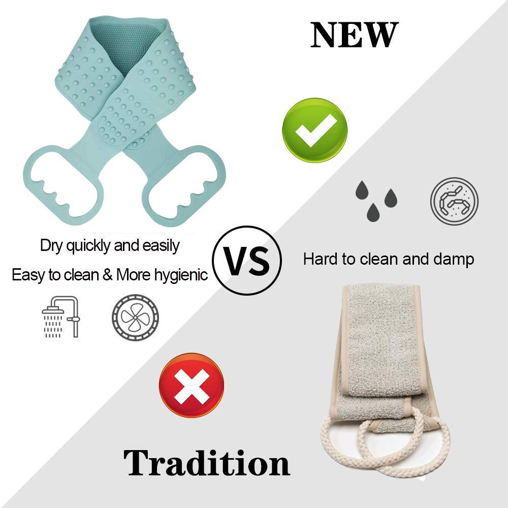 Silicone Back scrubber, Multifunctional Dual Sided Back Scrubber SiliconeDead Skin Removal, Exfoliating Bath Brush Soft, Silicone Massage Bathroom, Long Strap Back Scrubber Body Cleaning Shower(Green) : Beauty