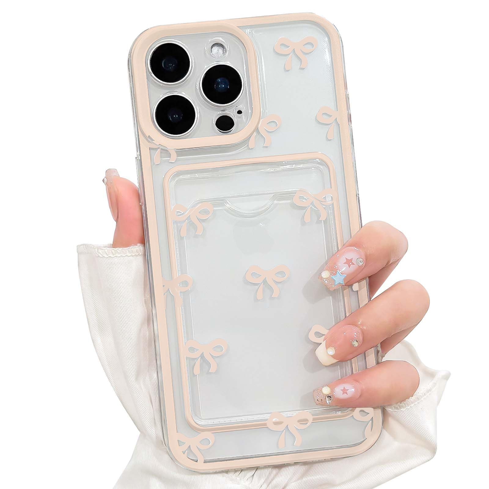 NITITOP Compatible with iPhone 13 Pro Max Case with Card Holder Clear Cute Bow Ribbon for Women Girls Colorful Frame Soft TPU Wallet Shockproof Protective Cover - Light Pink